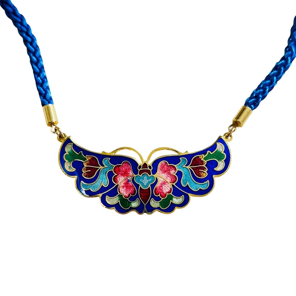 Butterfly Moth Necklace VTG Blue Cloisonne Statement Whimsical Floral Enamel 17"